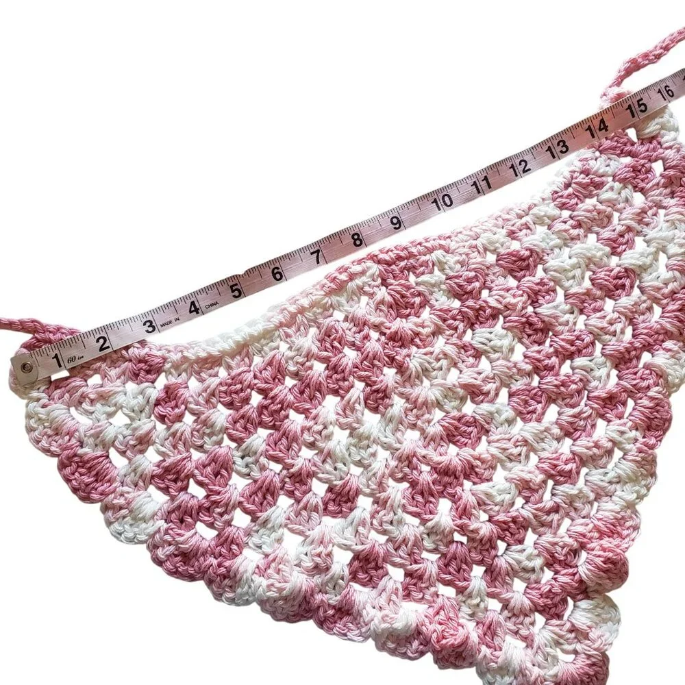 Handmade Crochet Granny Stitch Pink White Cotton Bandana Summer Festival Casual‎